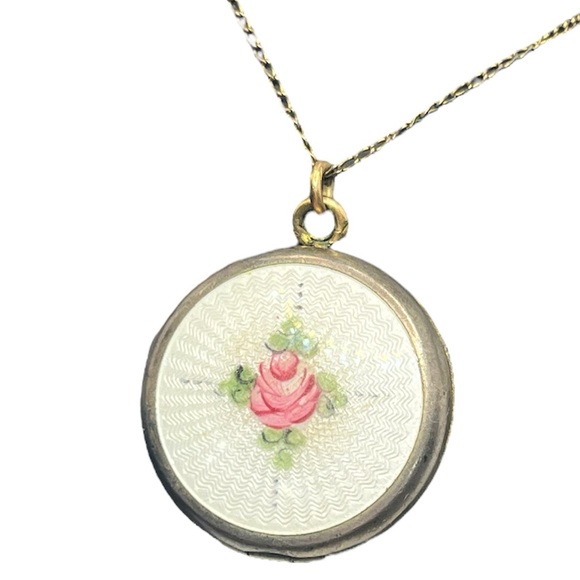 Vintage Art Deco La Mode Gold Filled Enamel Guilloche Pink Rose Locket Necklace